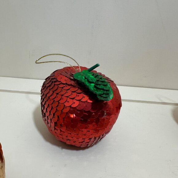 Handmade Vintage Sequin Apple Christmas Ornaments Set Of 5 Gold & Red - Picture 10 of 16